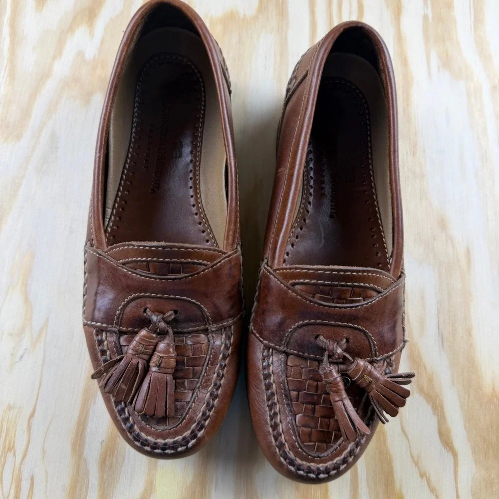 Johnston & Murphy Passport Mens Brown Leather Woven Tassel Loafers 8.5 D 20-6180